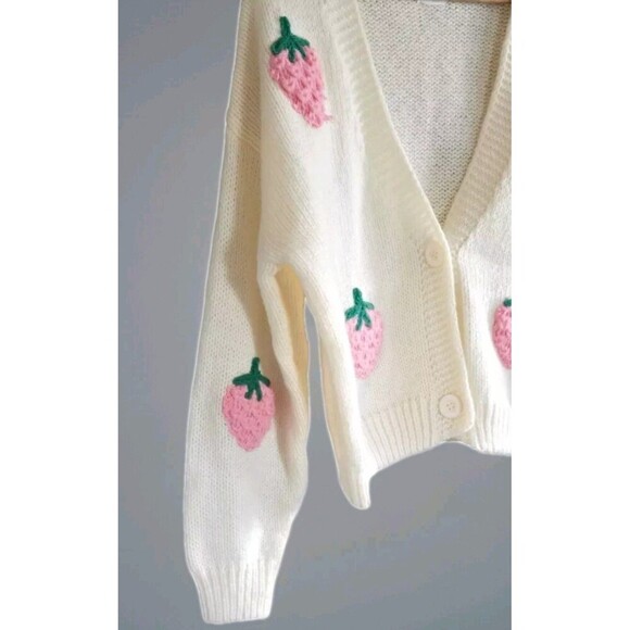 Luna Knit Cardigan Pink Embroidered Strawberry Button Front Novelty Women Medium - Picture 2 of 7